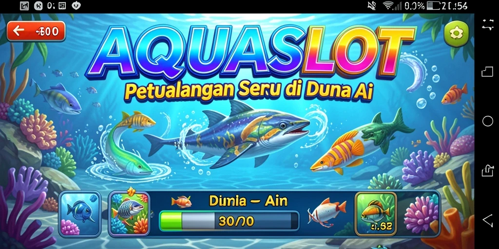Screenshot utama AQUASLOT menampilkan gameplay seru di bawah laut.