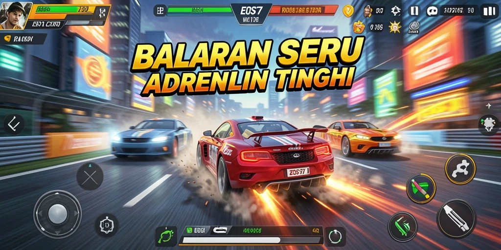 Tangkapan layar gameplay EOS77 menunjukkan aksi balapan yang seru dan kendaraan yang melesat dengan kecepatan tinggi.