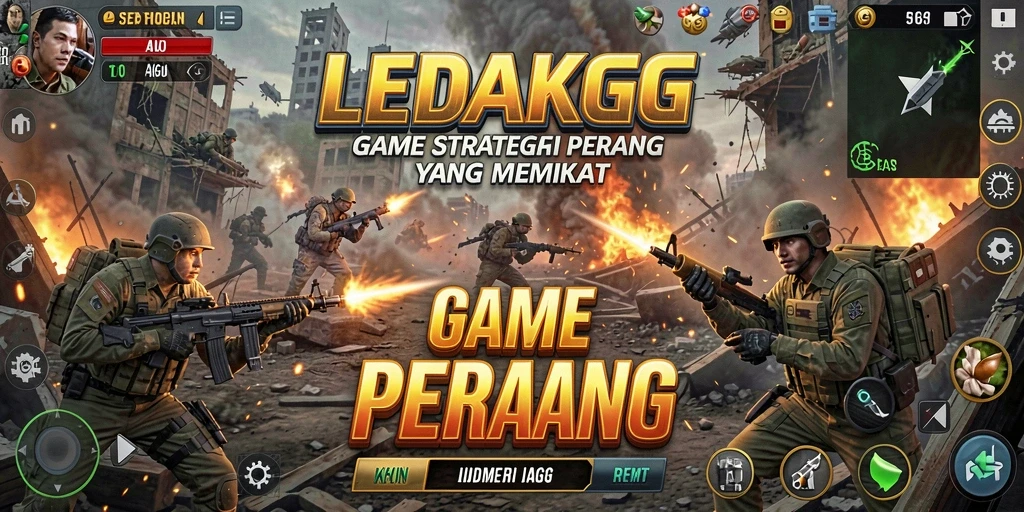 Screenshot utama LEDAKGG menampilkan aksi gagah dalam peperangan strategi.