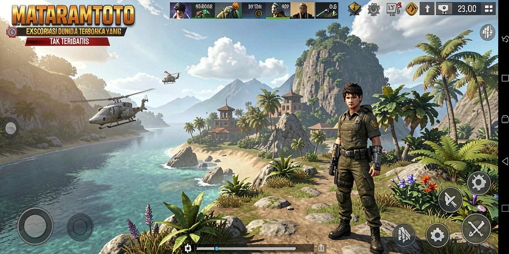 Screenshot gameplay <strong>MATARAMTOTO</strong> menampilkan eksplorasi dunia yang luas dan indah.