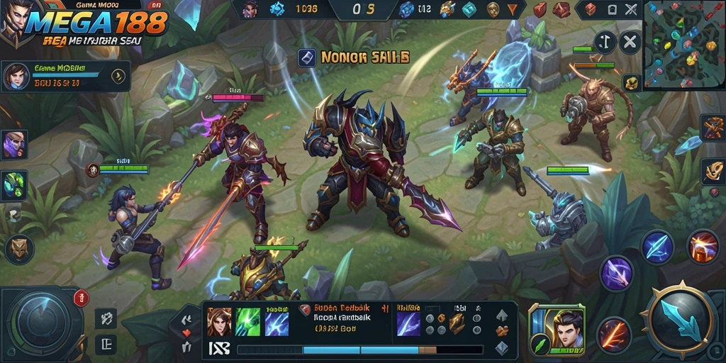 Screenshot <strong>MEGA188</strong> menampilkan aksi seru karakter dalam pertarungan MOBA.