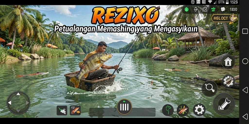 Tampilan gameplay <strong>REZIXO</strong> menampilkan momen mendebarkan saat memancing.