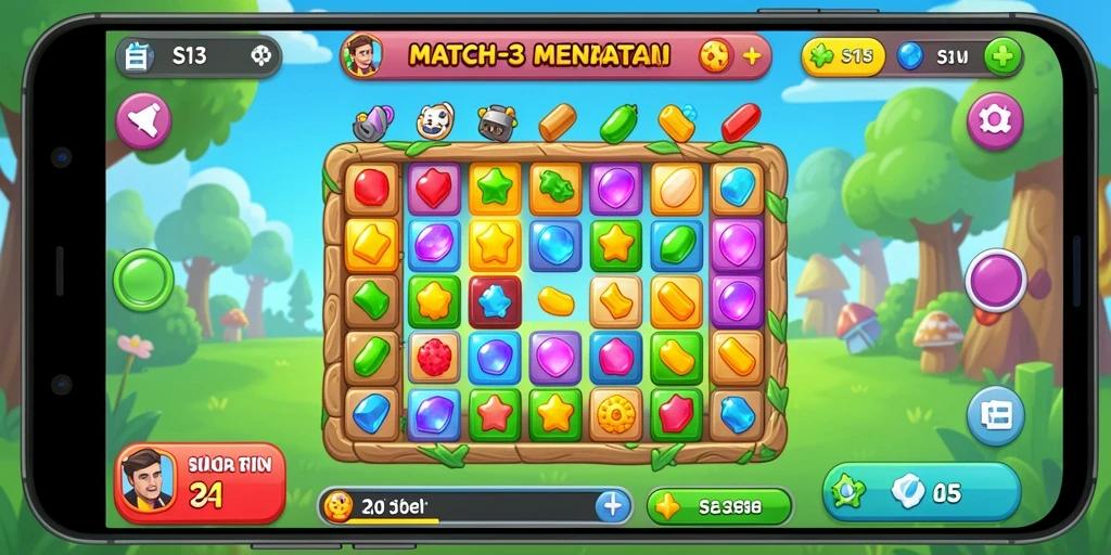 Screenshot gameplay S13 yang menampilkan aksi seru dalam mencocokkan permata.