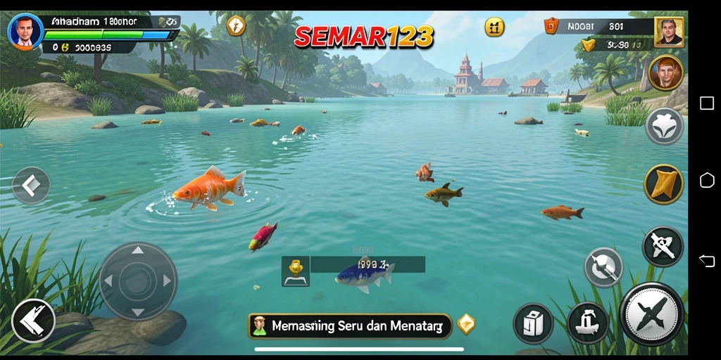 Tampilan gameplay menarik dari SEMAR123 saat memancing di danau.